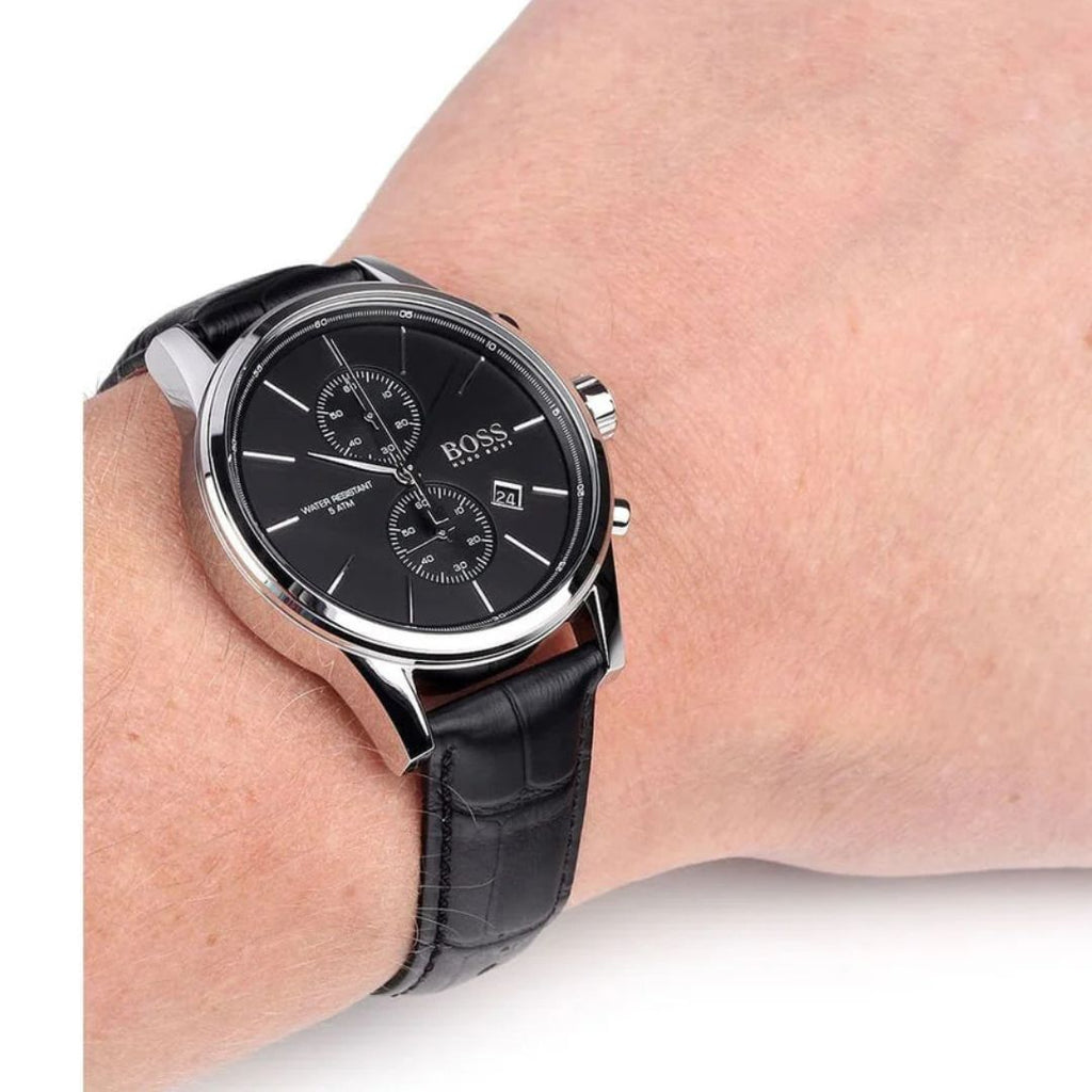 Montre Hugo Boss authentique, cadran noir et bracelet en cuir, référence 1513279