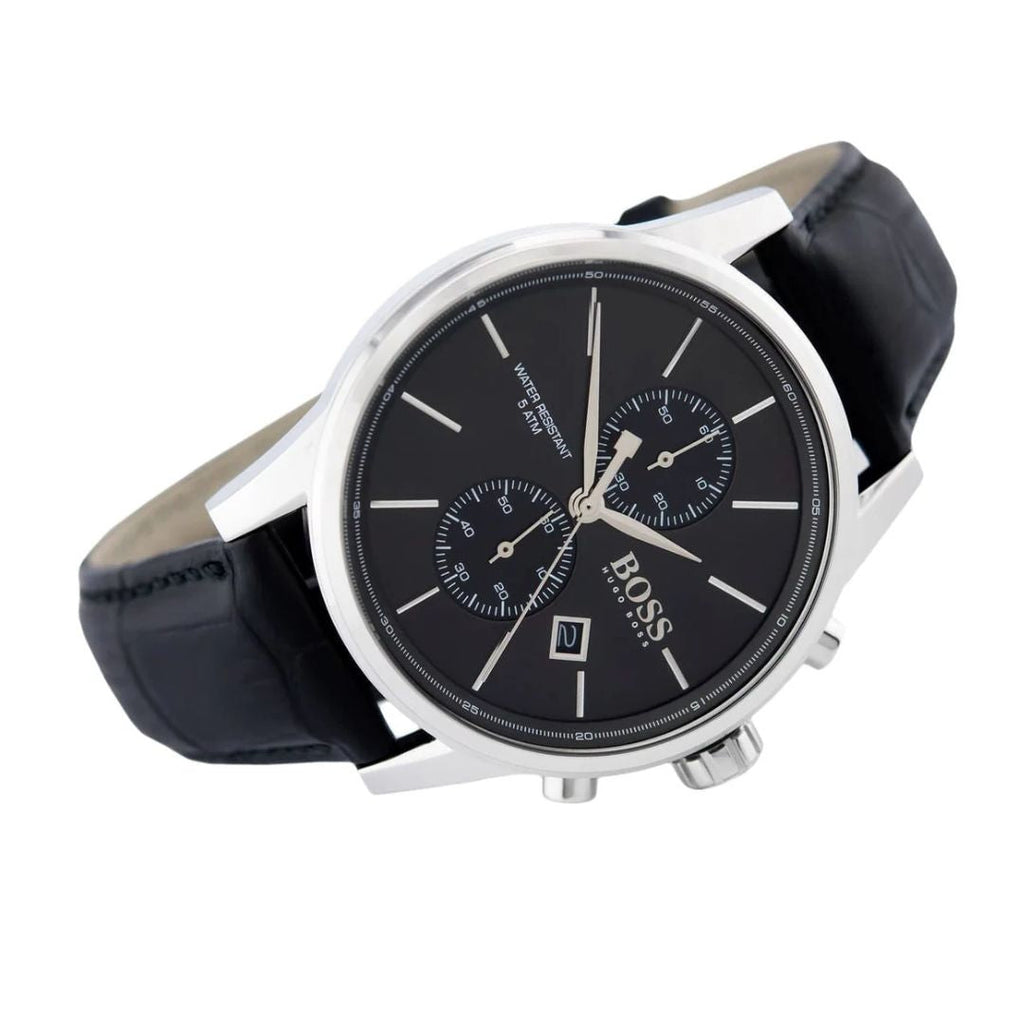 Montre Hugo Boss authentique, cadran noir et bracelet en cuir, référence 1513279