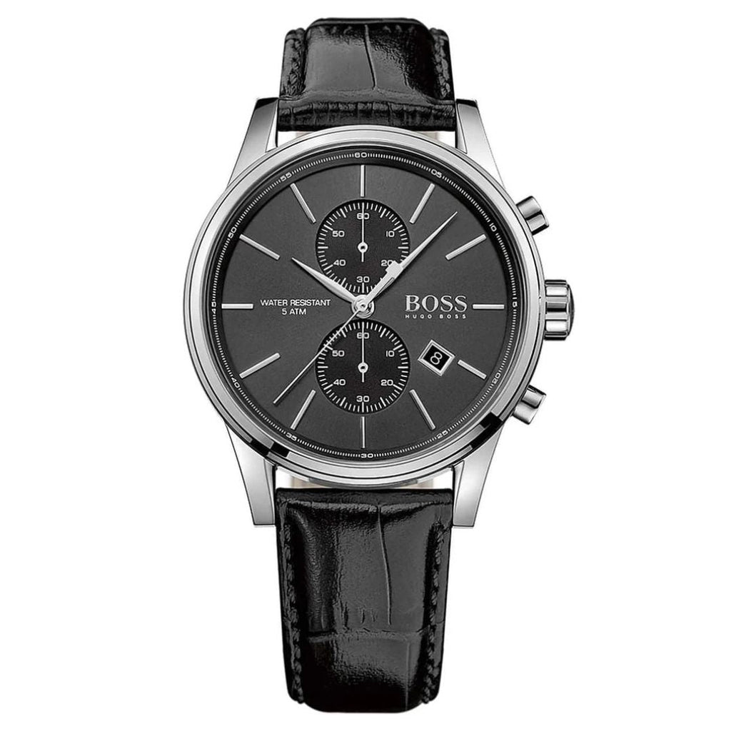Montre Hugo Boss authentique, cadran noir et bracelet en cuir, référence 1513279