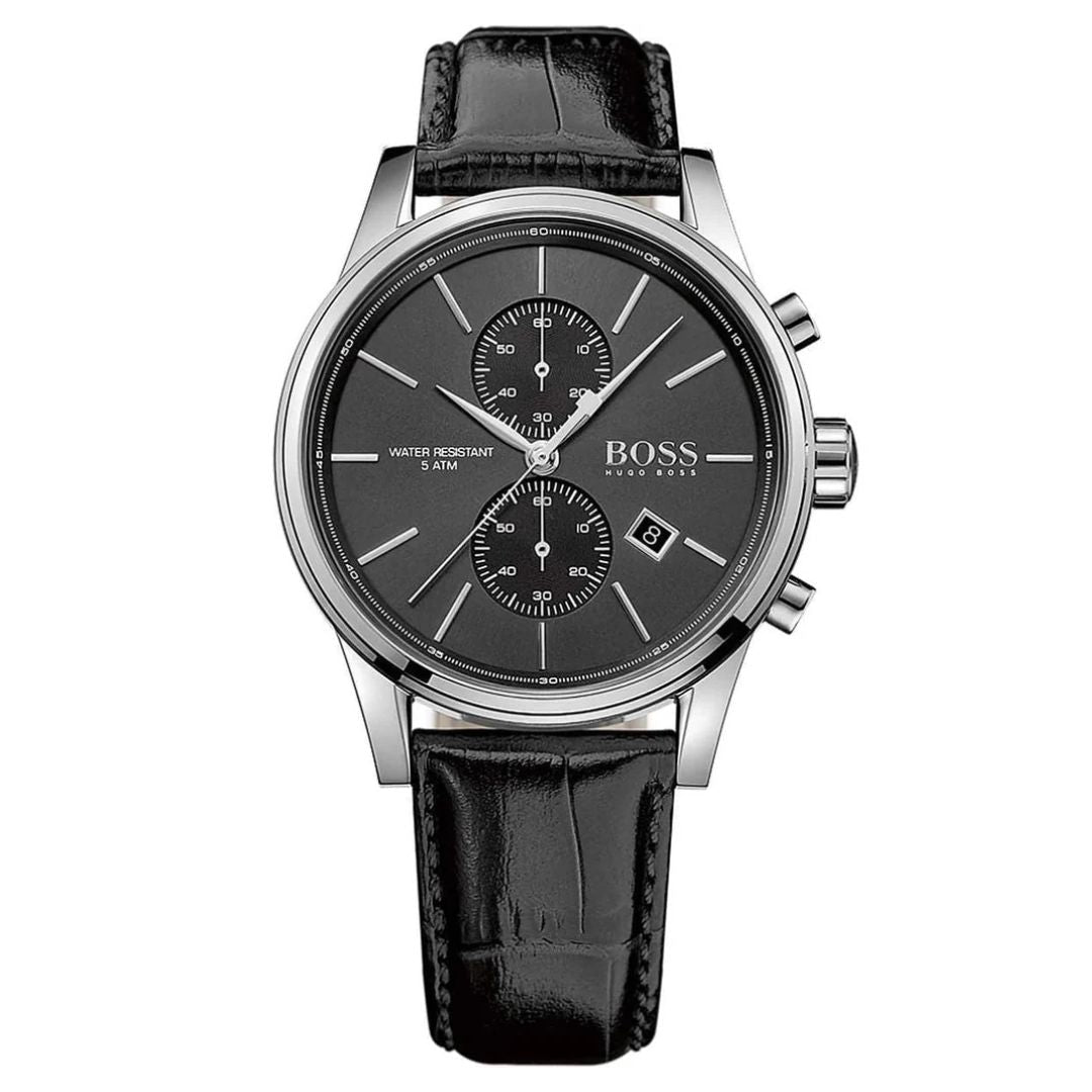 Montre Hugo Boss authentique, cadran noir et bracelet en cuir, référence 1513279
