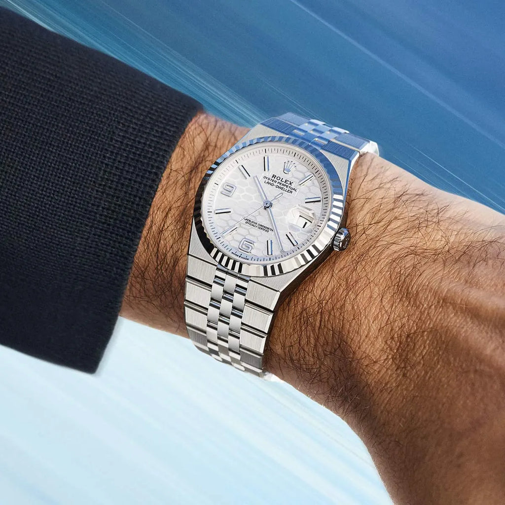 Montre Rolex Land-Dweller pour homme, cadran blanc argenté à motif nid d'abeille