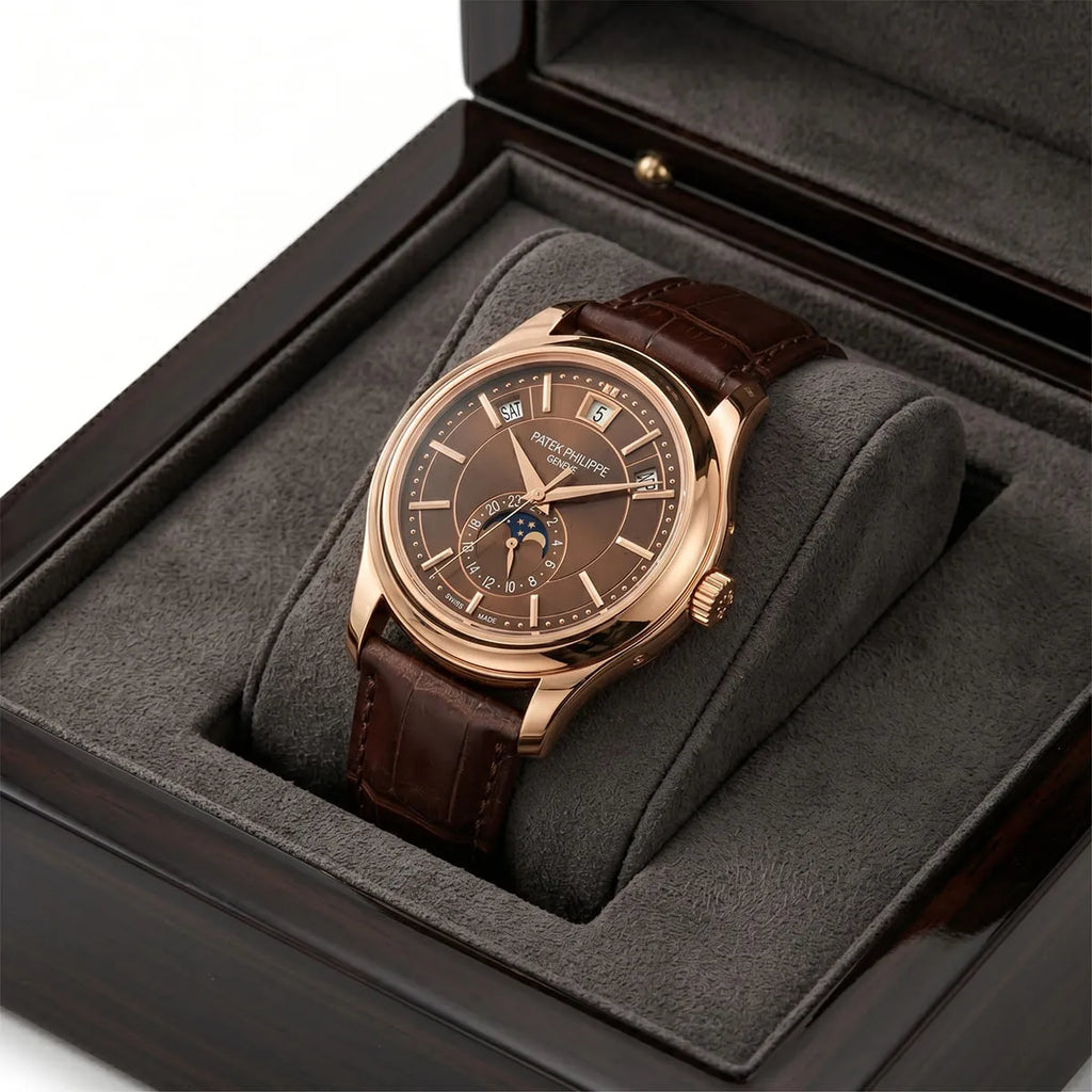 Montre Patek Philippe pour homme, calendrier annuel, phases de lune, cadran brun