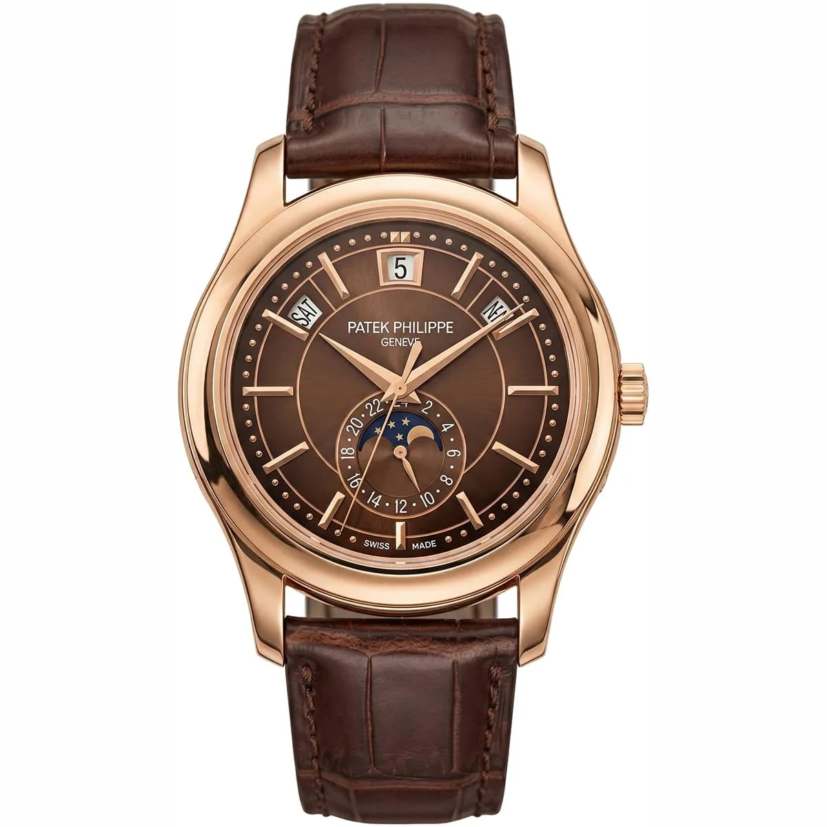 Montre Patek Philippe pour homme, calendrier annuel, phases de lune, cadran brun