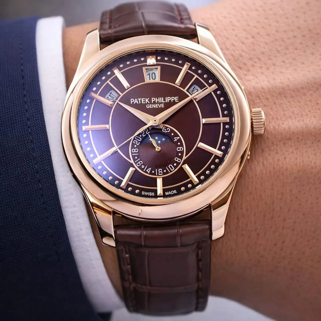 Montre Patek Philippe pour homme, calendrier annuel, phases de lune, cadran brun