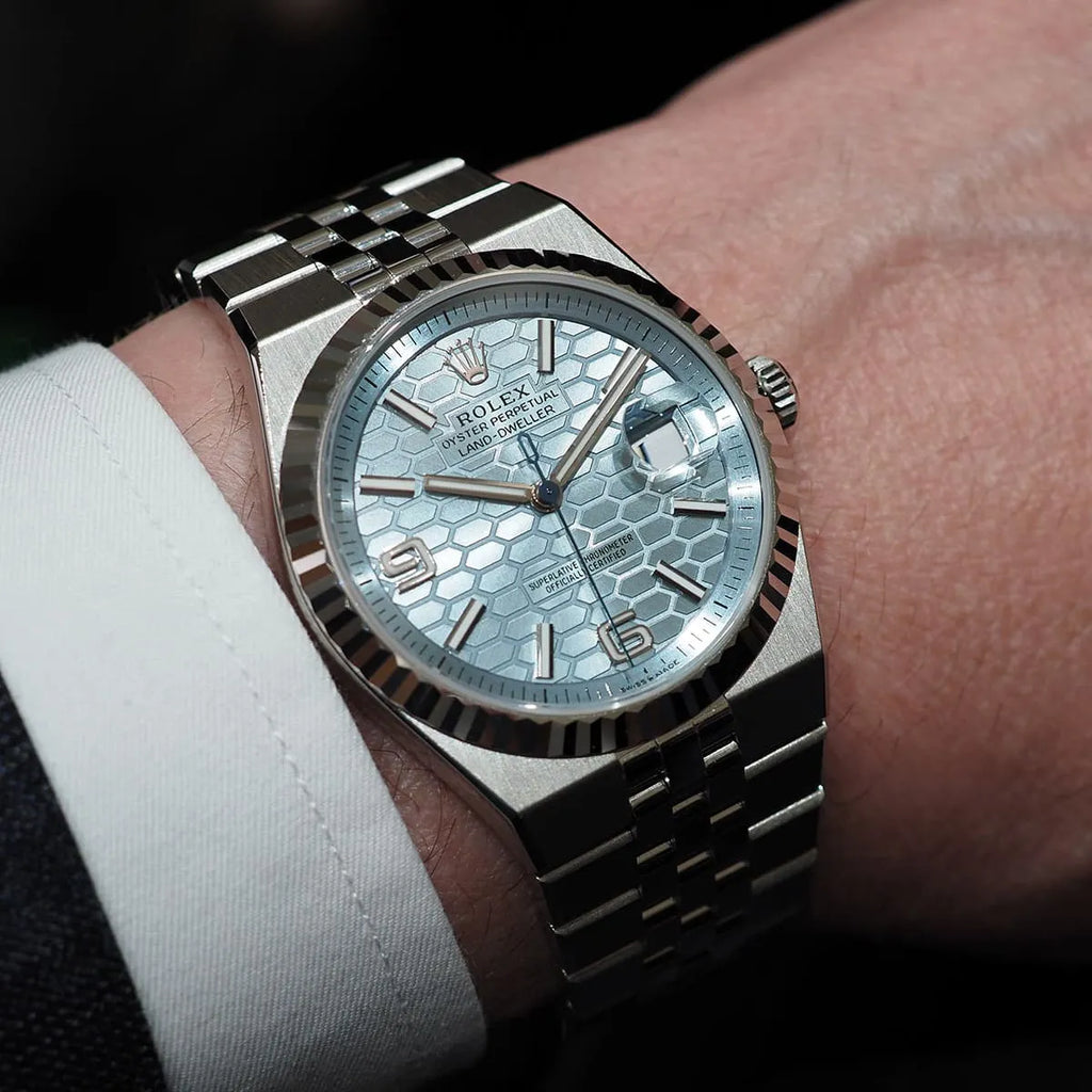 Montre Rolex Land-Dweller pour homme, cadran bleu glacier en nid d'abeille